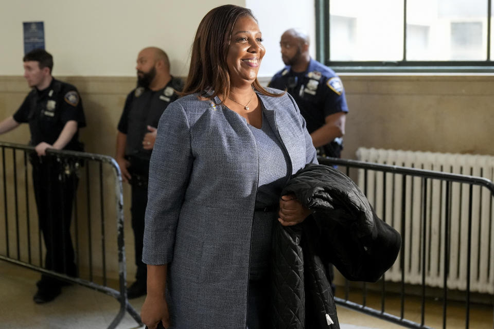 New York Attorney General Letitia James leaves the courtroom during a lunch break after the Trump Organization defense team presented its closing arguments at New York Supreme Court, Thursday, Jan. 11, 2024, in New York. (AP Photo/Seth Wenig)