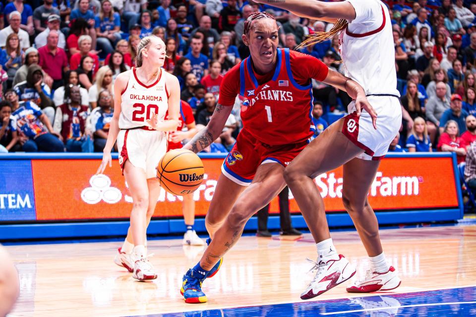 Kansas women's basketball center Taiyanna Jackson makes a move during a March 2, 2024 game against Oklahoma at Allen Fieldhouse in Lawrence.