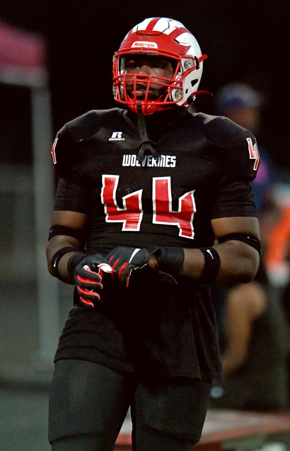 Westside's Jordan Hall (44) on the sidelines during first half action. Ed White traveled to Westside High School for Thursday night football, October 27, 2022.