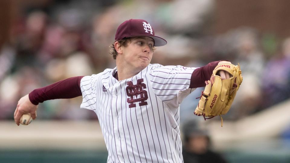 Mississippi State pitcher Cade Smith (15) during an NCAA baseball game on Sunday, Feb. 27, 2022, in Starkville, Miss. (AP Photo/Vasha Hunt)