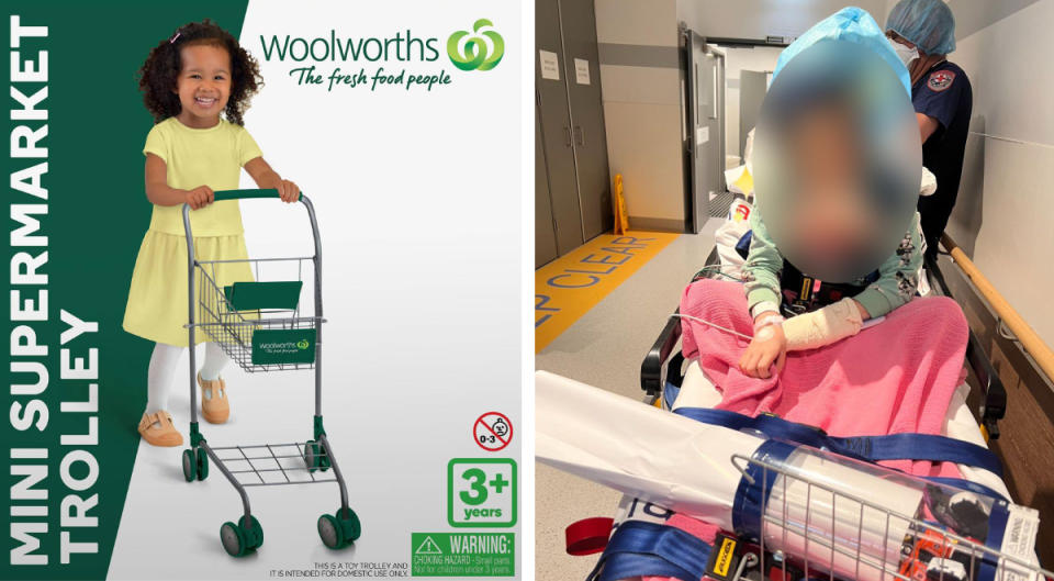 Left: Woolworths trolley toy. Right: Injured boy in hospital