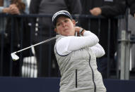 South Africa's Ashleigh Buhai plays her tee shot from the 13th during the final round of the Women's British Open golf championship, in Muirfield, Scotland Sunday, Aug. 7, 2022. (AP Photo/Scott Heppell)