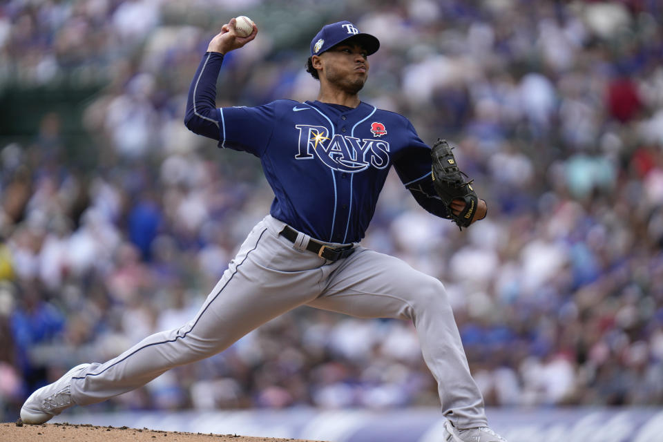 Tampa Bay Rays starting pitcher Taj Bradley throws during the first inning of a baseball game against the Chicago Cubs Monday, May 29, 2023, in Chicago. (AP Photo/Erin Hooley)