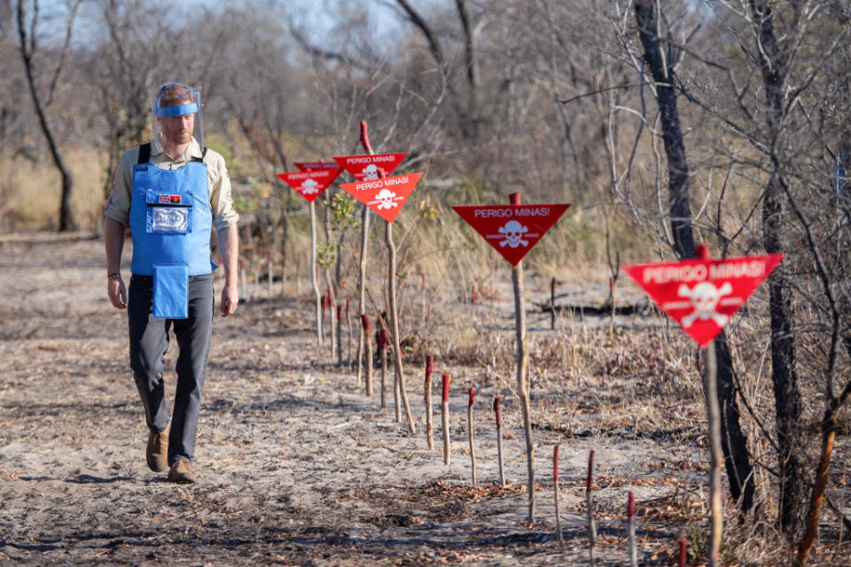 Prince Harry, Duke of Sussex walks through a minefield during a visit to see the work of landmine clearance charity the Halo Trust, on day five of the royal tour of Africa on September 27, 2019 in Dirico, Angola. | Pool/Samir Hussein—WireImage