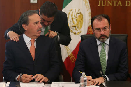 Mexico's Foreign Minister Luis Videgaray (R) is pictured as Emilio Gamboa Patron (L), Political Coordinator of the Institutional Revolutionary Party (PRI), speaks with an assistant during a meeting about foreign affairs at the Senate of the Republic building in Mexico City, Mexico, January 24, 2017. REUTERS/Edgard Garrido