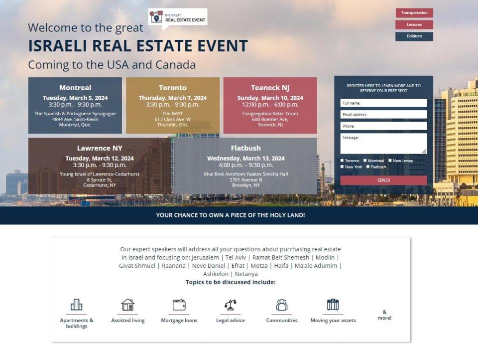 A website shows the dates included in the great "Israeli Real Estate Event" that pro-Palestinian supporters say will feature property part of the occupied West Bank.