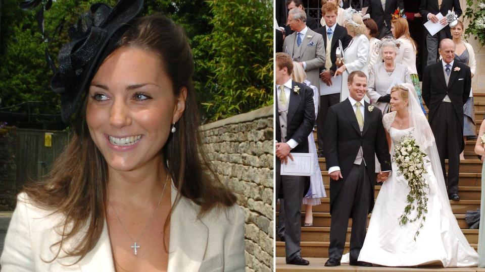 Kate Middleton smiling in a black fascinator and Peter Phillips' wedding