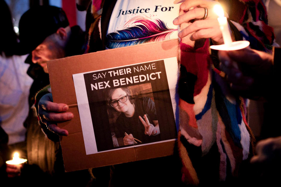 A candlelight vigil for 16-year-old nonbinary student Nex Benedict  (J Pat Carter / Getty Images file)