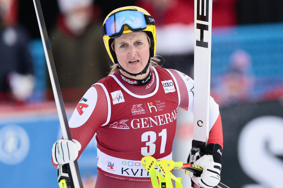 Austria's Nina Ortlieb checks her time after completing an alpine ski, women's World Cup super G race, in Kvitfjell, Norway, Sunday, March 5, 2023. (Geir Olsen/NTB Scanpix via AP)