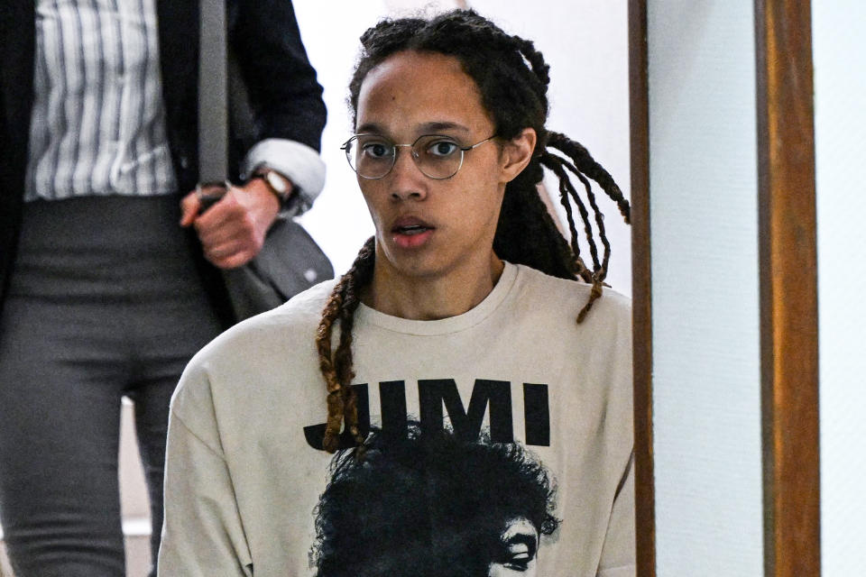 Brittney Griner arrives to a hearing at the Khimki Court outside Moscow on July 1, 2022. (Kirill Kudryavtsev / AFP - Getty Images)
