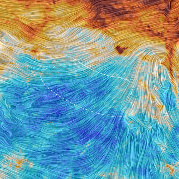 This image by Europe's Planck satellite captures the same region of sky observed by the ground-based BICEP2 project. Planck data suggest that much of the signal the BICEP2 team interpreted as evidence of cosmic inflation was actually caused by