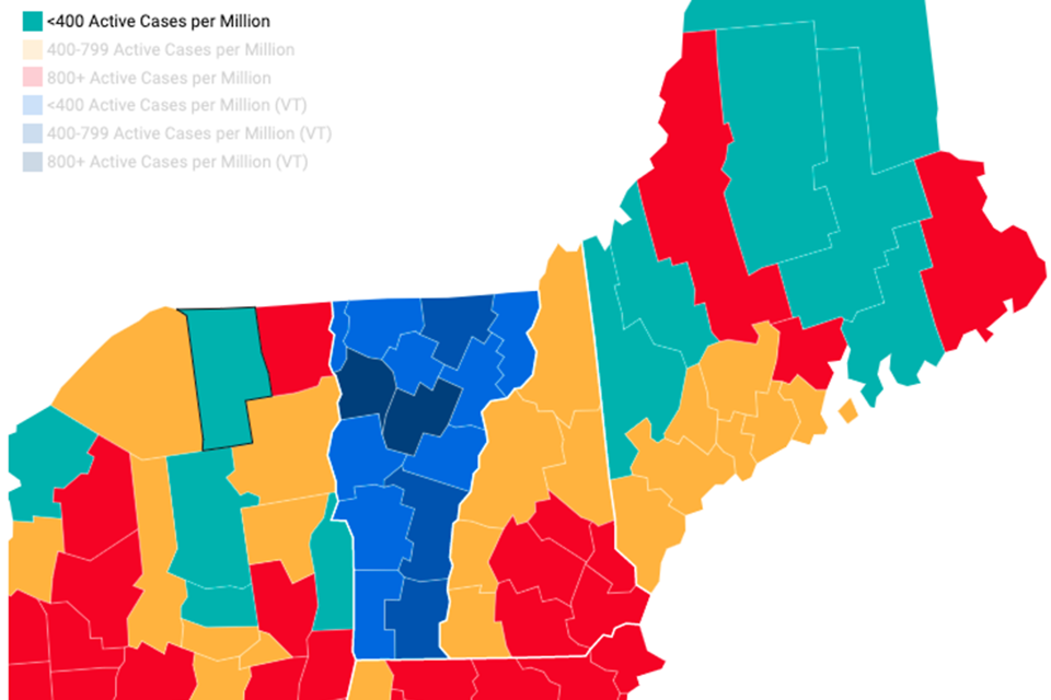 Vermont's travel map as of Oct. 27, 2020, shows all of New Hampshire and Massachusetts exceeding the state's threshold for quarantine-free travel. 