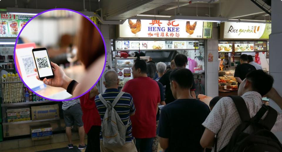 Image showing stalls and queues at a hawker centre with a circle inset showing someone making payment with her mobile phone and a QR code, illustrating a piece on DBS PayLah! hawker meal cashback scheme.