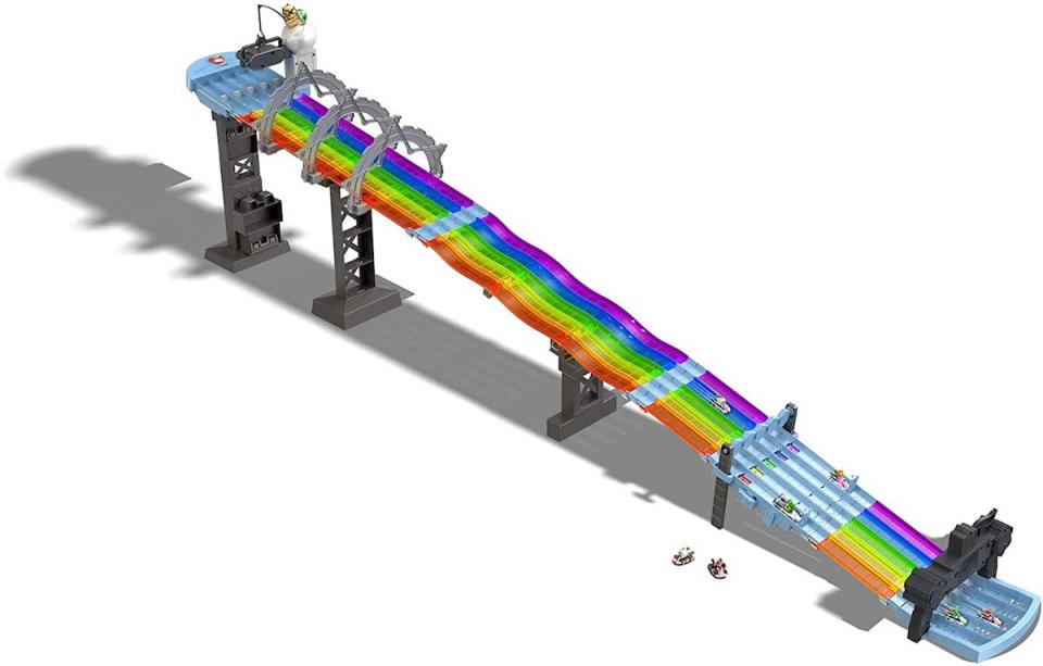 Hot Wheels Mario Kart Rainbow Road Raceway set in full, with the track in a straight line