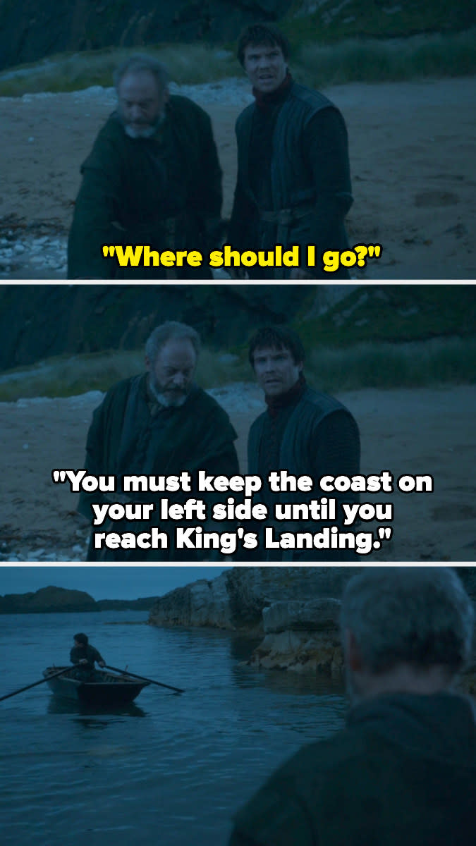 Gendry asks where he should go, and Davos tells him to go to King's Landing; then Gendry rows off