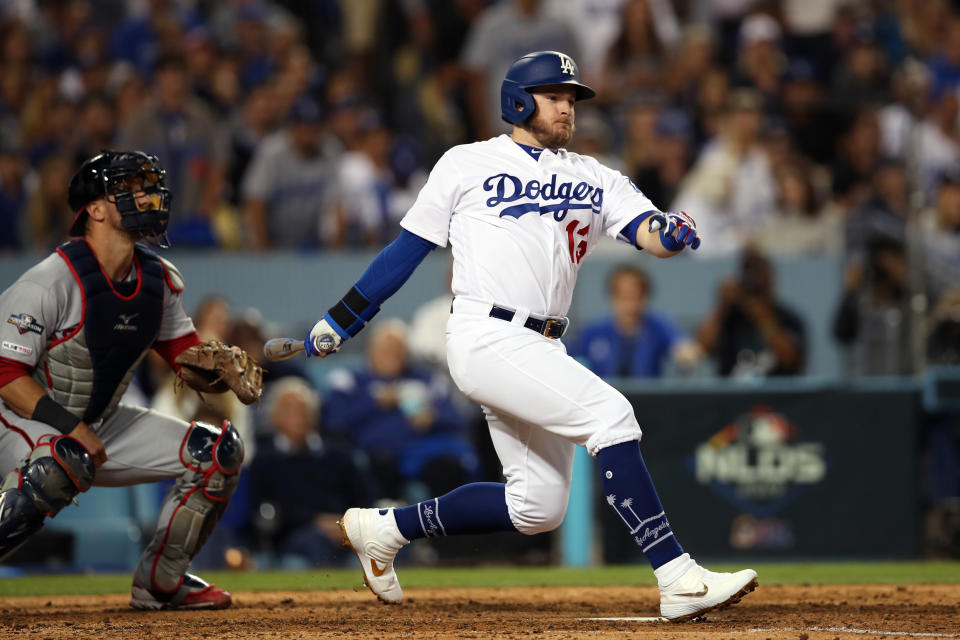 LOS ANGELES, CA - OCTOBER 03: Max Muncy #13 of the Los Angeles Dodgers at bat against the Washington Nationals during Game 1 of the NLDS at Dodger Stadium on Thursday, October 3, 2019 in Los Angeles, California. (Photo by Rob Leiter/MLB Photos via Getty Images)