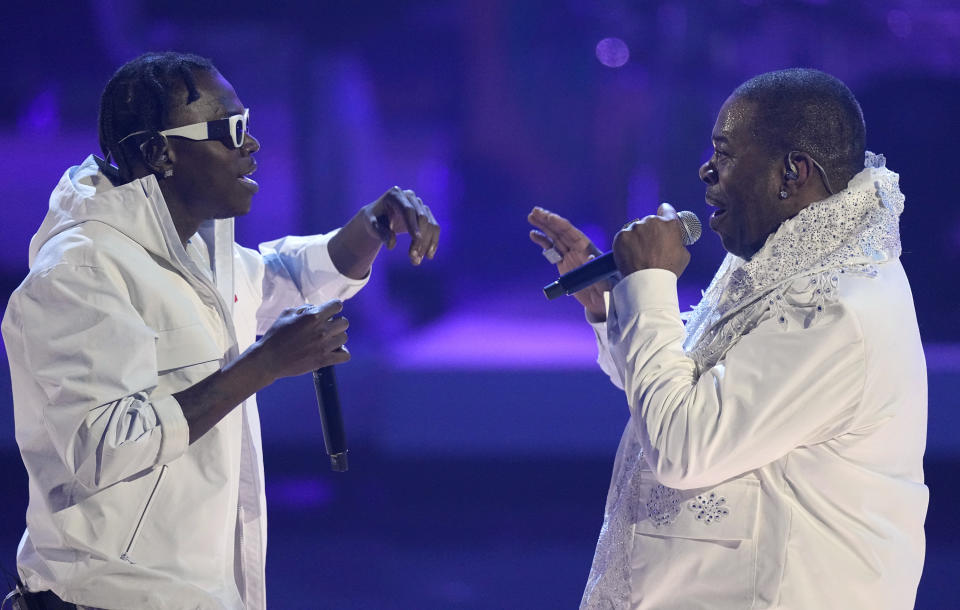 Skillibeng, left, and Busta Rhymes perform "Whap Whap" during a tribute in Rhymes honor at the BET Awards on Sunday, June 25, 2023, at the Microsoft Theater in Los Angeles. (AP Photo/Mark Terrill)