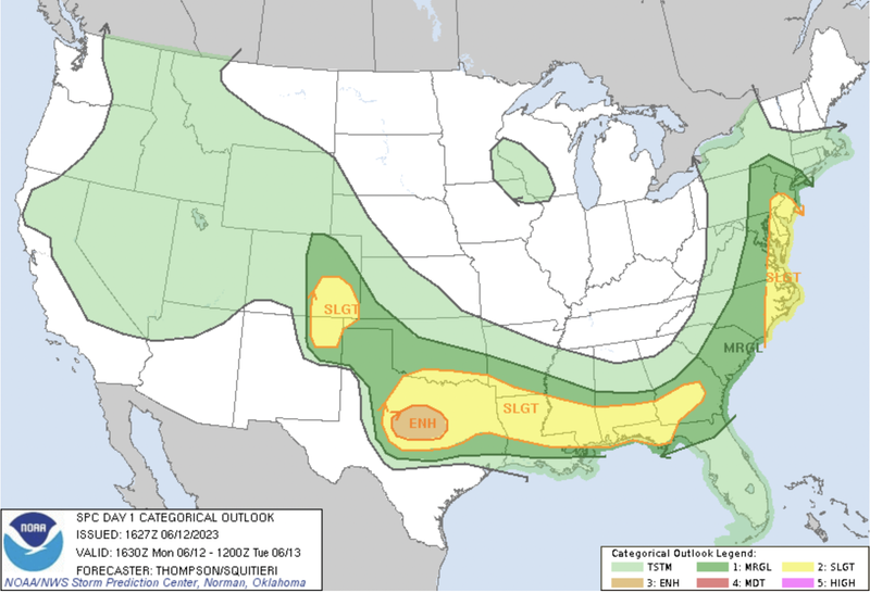 A map of storm risk for June 12 2023 from the National Weather Service. 