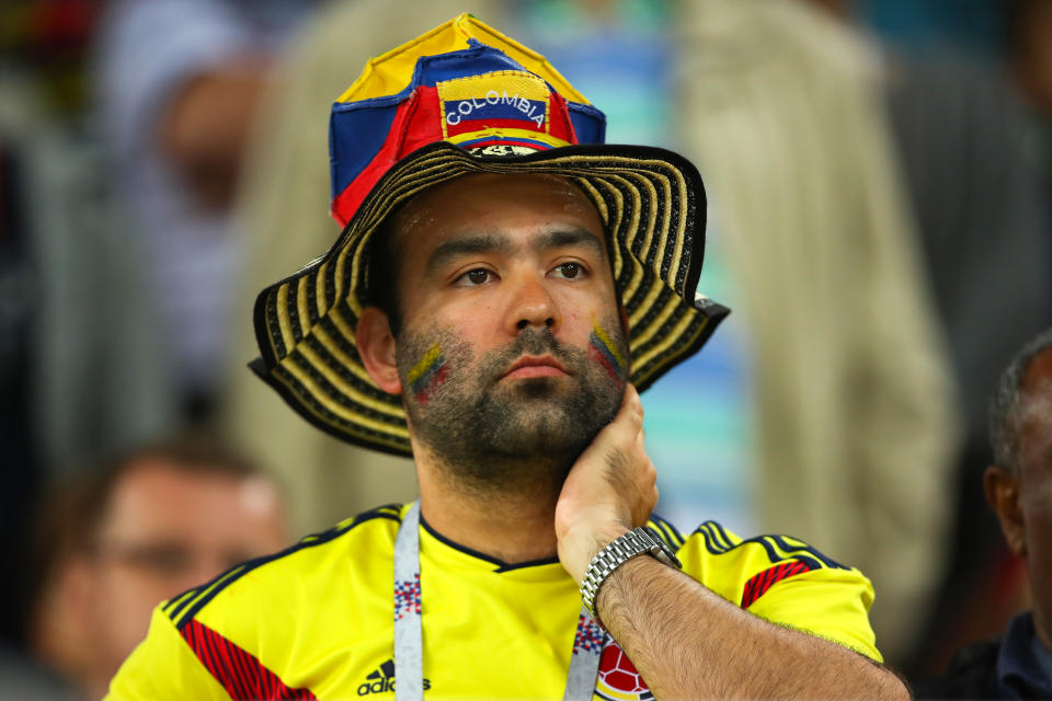 <p>Colombia fans look on during the 2018 FIFA World Cup Russia Round of 16 match between Colombia and England at Spartak Stadium on July 3, 2018 in Moscow, Russia. (Photo by Robbie Jay Barratt – AMA/Getty Images) </p>