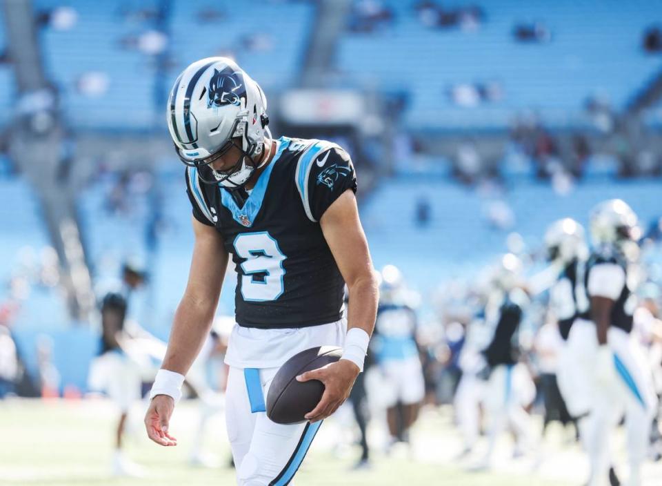 Carolina Panthers quarterback Bryce Young warms up before his game against the Houston Texans at the Bank of America Stadium in Charlotte, N.C., on Sunday, October 29, 2023. Khadejeh Nikouyeh/Knikouyeh@charlotteobserver.com