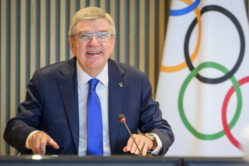 International Olympic Committee (IOC) President Thomas Bach speaks at the opening of the executive board meeting of the International Olympic Committee (IOC), at the Olympic House, in Lausanne, Switzerland, Thursday, September 8, 2022. (Laurent Gillieron/Keystone via AP)