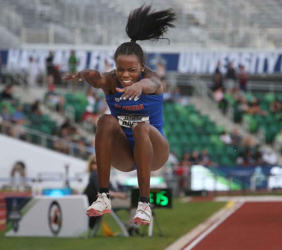 Florida's Jasmine Moore competes in the women's long jump on her way to a championship on day two of the NCAA Outdoor Track & Field Championships Thursday June 9, 2022 at Hayward Field in Eugene, Ore.