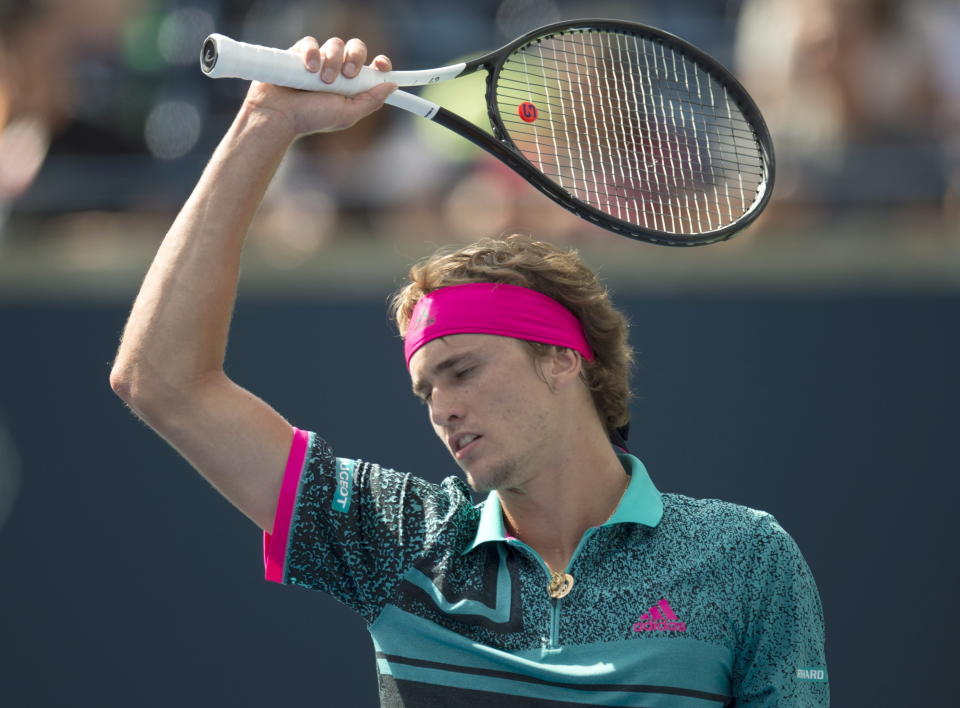 Alexander Zverev, of Germany, reacts during his loss to Stefanos Tsitsipas, of Greece, in Rogers Cup quarterfinal tennis tournament action in Toronto, Friday, Aug. 10, 2018. (Frank Gunn/The Canadian Press via AP)