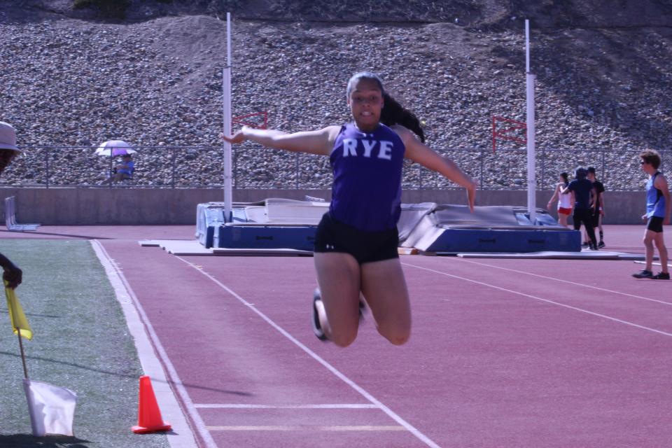 Jordan Holgerson-Rahl leaps through the air during her long jump attempt at the SCL Track Championship held at Dutch Clark Stadium in Pueblo on April 28, 2022.