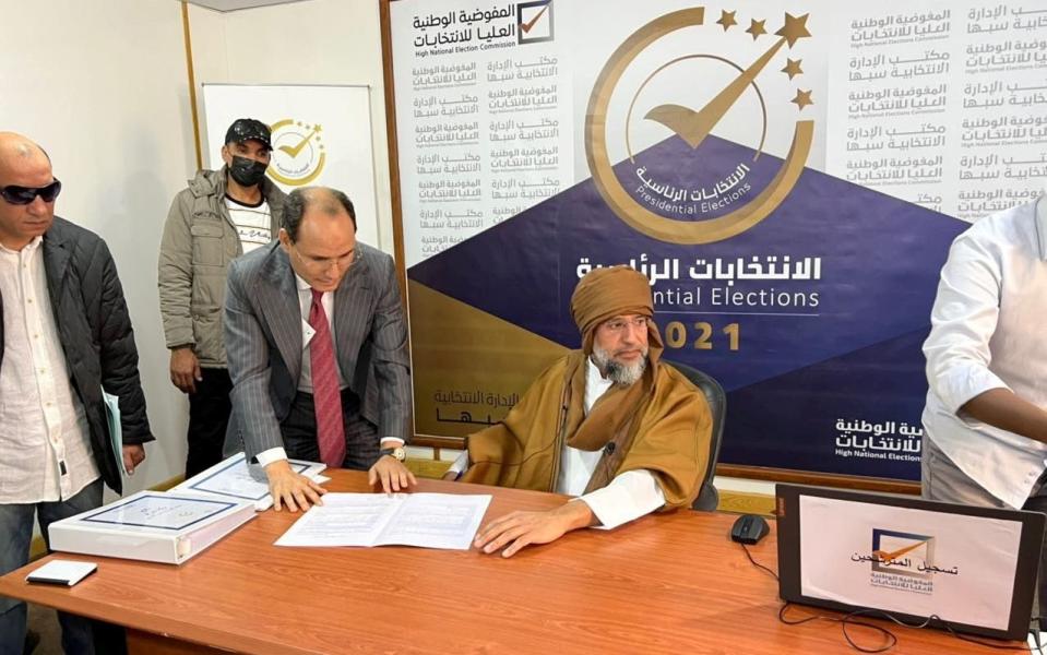 Saif al-Islam al-Gaddafi registers as a presidential candidate for the December 24 election in the southern town of Sebha, Libya November 14, 2021 - Reuters