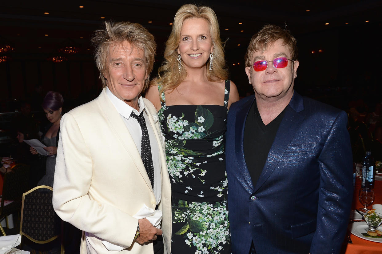 CENTURY CITY, CA - MAY 03: (L-R) Musician Rod Stewart, Penny Stewart and musician Elton John attend the 20th Annual Race To Erase MS Gala "Love To Erase MS" at the Hyatt Regency Century Plaza on May 3, 2013 in Century City, California.  (Photo by Michael Buckner/Getty Images for Race To Erase MS)