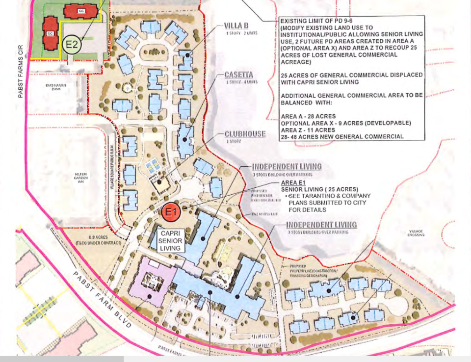 This map drawing shows how a Capri Senior Living Center would be situated at Pabst Farms between Valley Road and Pabst Farms Boulevard in Oconomowoc. The plan would require zoning and comprehensive plan adjustments.