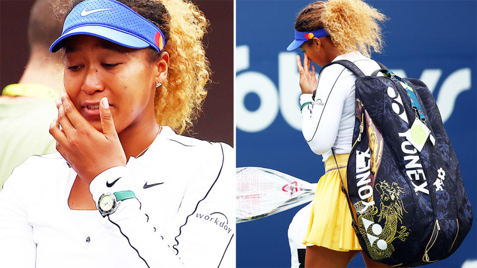 Naomi Osaka, pictured here in tears after retiring hurt at the Canadian Open.