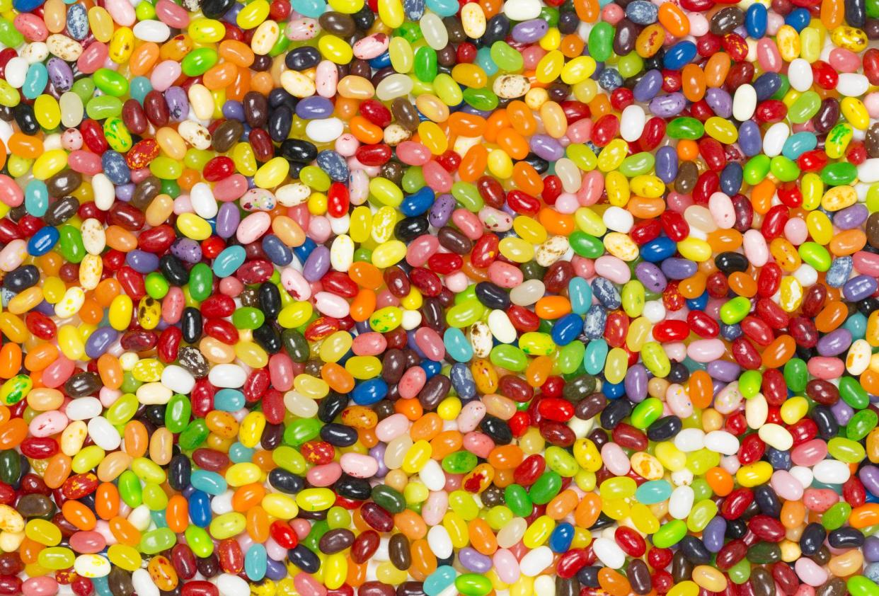 100s of jelly beans in assorted colors; useful as a colorful background.