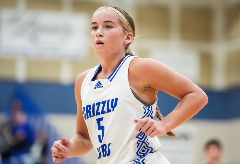 Franklin Community Grizzley Cubs guard Lauren Klem (5) jogs up the court Thursday, Nov. 16, 2023, during the semifinals of the Johnson County Tournament at Franklin Community High School in Franklin. The Franklin Community Grizzley Cubs defeated the Whiteland, 68-30.