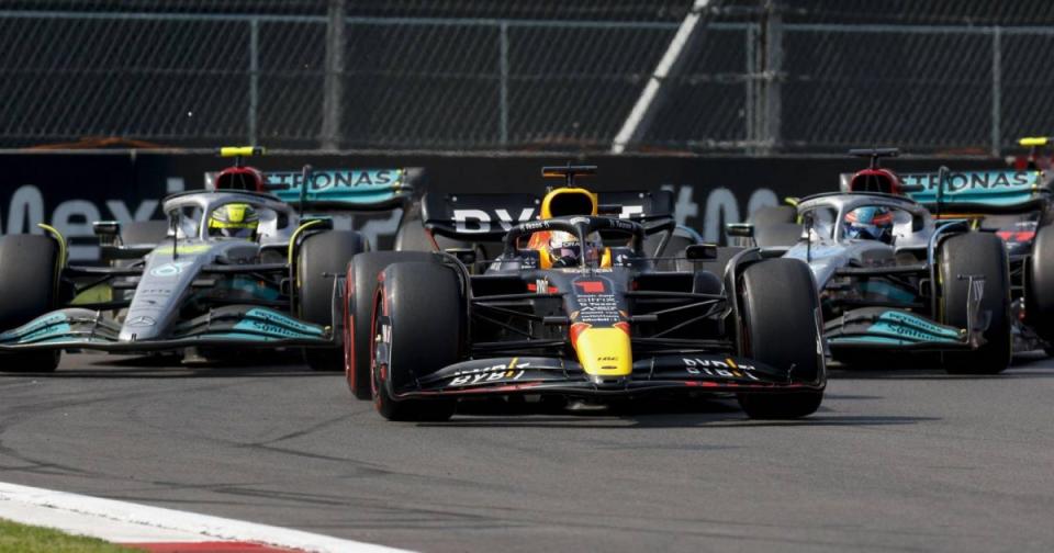 Lewis Hamilton and George Russell, Mercedes, pursue Max Verstappen, Red Bull. Mexico, October 2022. Credit: Alamy