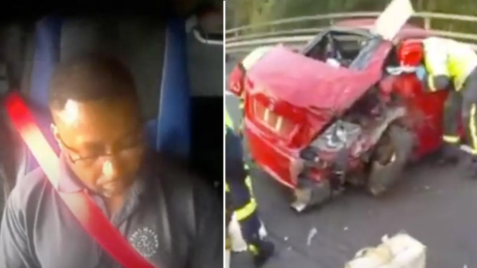 Truck driver Cary Gordon seen looking down in the cabin.