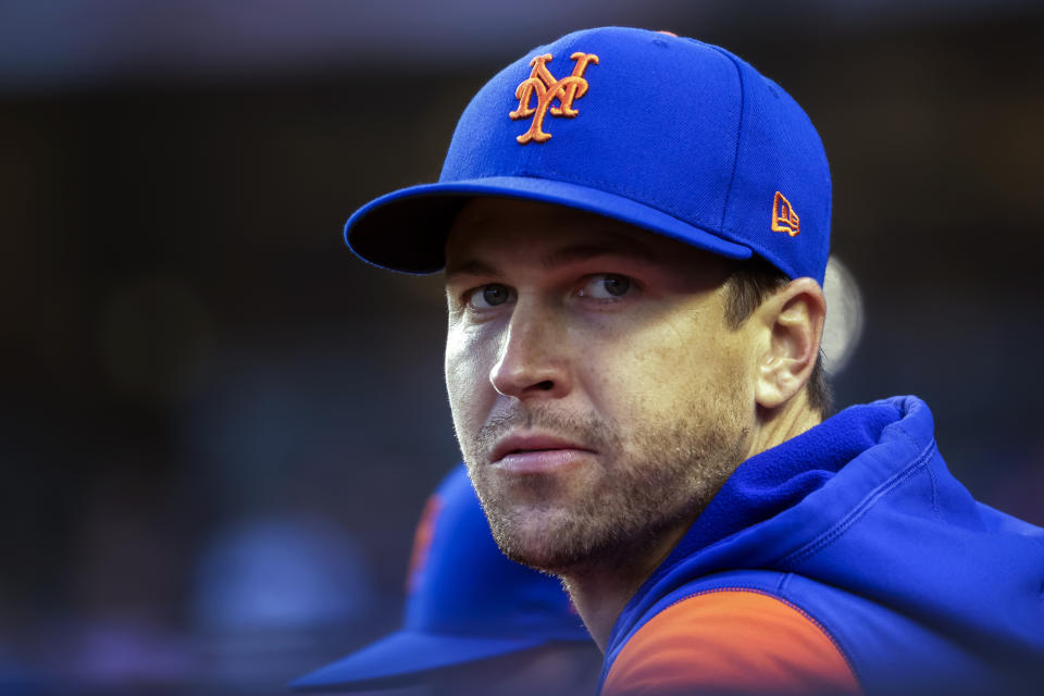 New York Mets' Jacob deGrom looks on before a baseball game against the New York Yankees, Monday, Aug. 22, 2022, in New York. (AP Photo/Corey Sipkin)