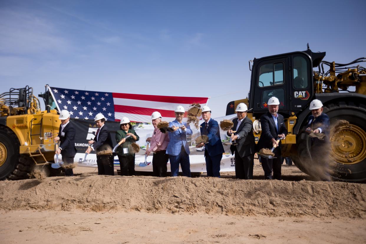 Jon Barela, second to the left, Borderplex Alliance CEO, El Paso County Commissioner Iliana Holguin, landowner Ben Ivey, Nick Sansone, Sansone Group co-owner, El Paso County Judge Ricardo Samaniego, El Paso City Rep. Henry Rivera, and others break ground for Rancho Del Rey Logistics Park March 13, 2024, in East El Paso.