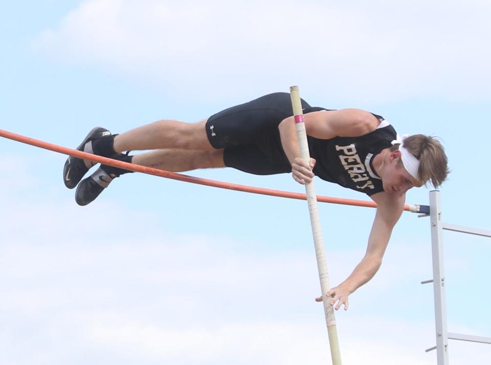 Jagger Foxx of Perry competes in the pole vault at the Federal League Track Meet at GlenOak High School. 