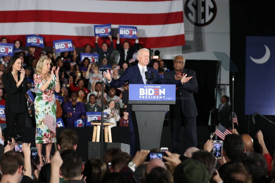 Former Vice President Joe Biden celebrates after winning South Carolina’s Democratic presidential primary in Columbia, S.C. on Saturday, Feb. 29, 2020.