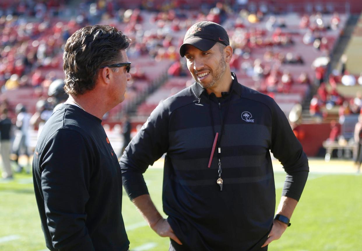 Oklahoma State coach Mike Gundy (left) spoke at Big 12 Media Days Wednesday. Iowa State's Matt Campbell speaks Thursday.