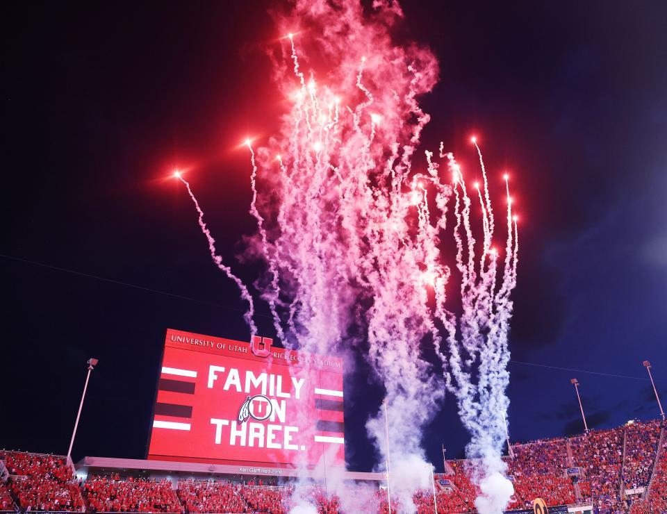 The Utes honor Aaron Lowe and Ty Jordan during a timeout in Salt Lake City on Thursday, Aug. 31, 2023 during the season opener. Utah won 24-11. | Jeffrey D. Allred, Deseret News