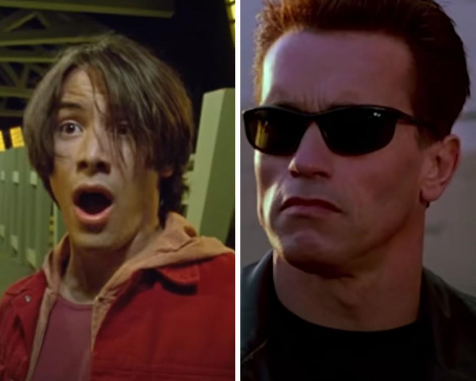 Keanu Reeves in Bill & Ted's Bogus Journey and Arnold Schwarzenegger in Terminator 2: Judgement Day