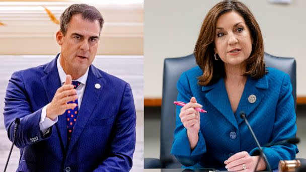 PHOTO: Gov. Kevin Stitt, pictured in right image, and state schools Superintendent Joy Hofmeister, left image, are pictured in these undated file photos. (Chris Landsberger/The Oklahoman via USA Today Network)