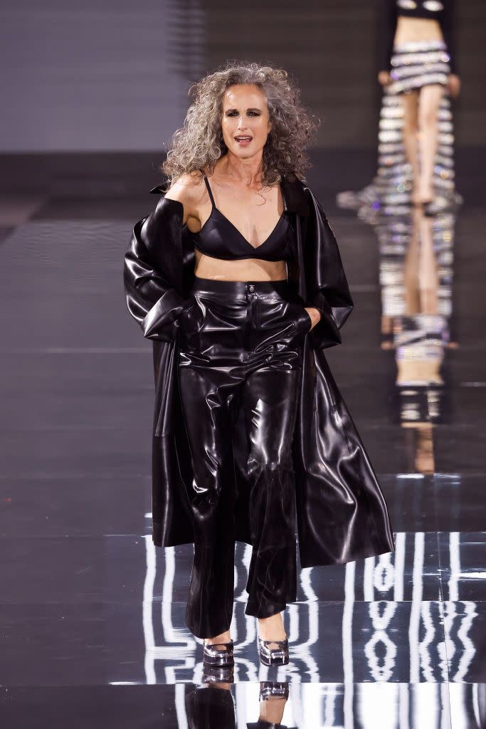 andie macdowell grey curls catwalk