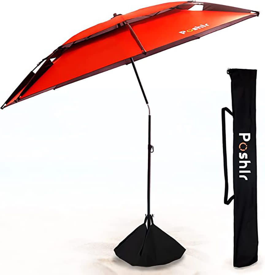 Red 6.5-foot beach umbrella with a sand anchor and windproof design.