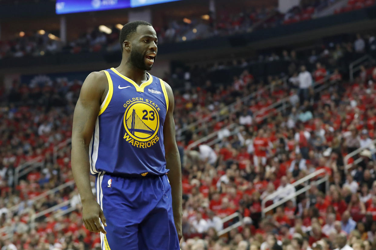 HOUSTON, TX - MAY 04:  Draymond Green #23 of the Golden State Warriors reacts in the second quarter during Game Three of the Second Round of the 2019 NBA Western Conference Playoffs against the Houston Rockets at Toyota Center on May 4, 2019 in Houston, Texas.  NOTE TO USER: User expressly acknowledges and agrees that, by downloading and or using this photograph, User is consenting to the terms and conditions of the Getty Images License Agreement.  (Photo by Tim Warner/Getty Images)