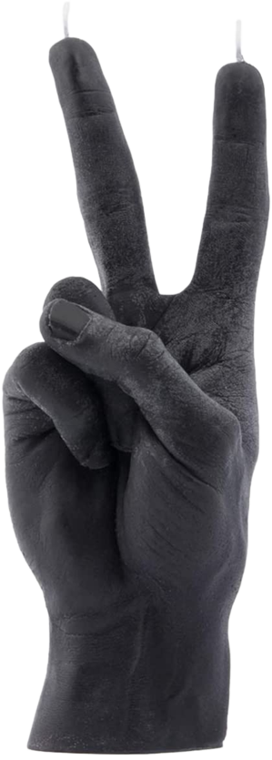 a candle shaped like a hand giving the victory sign with wicks in the two upright fingers.