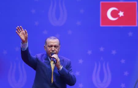 Turkish President Tayyip Erdogan addresses supporters during a pre-election rally in Sarajevo, Bosnia and Herzegovina May 20, 2018. REUTERS/Dado Ruvic