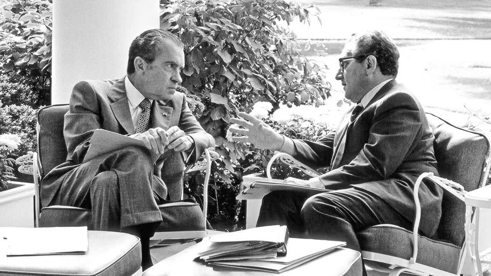 US President Richard Nixon meets with National Security Advisor, Henry Kissinger, on the Colonnade outside the White House's Oval Office, Washington DC, September 16, 1972. - White House/CNP/Getty Images